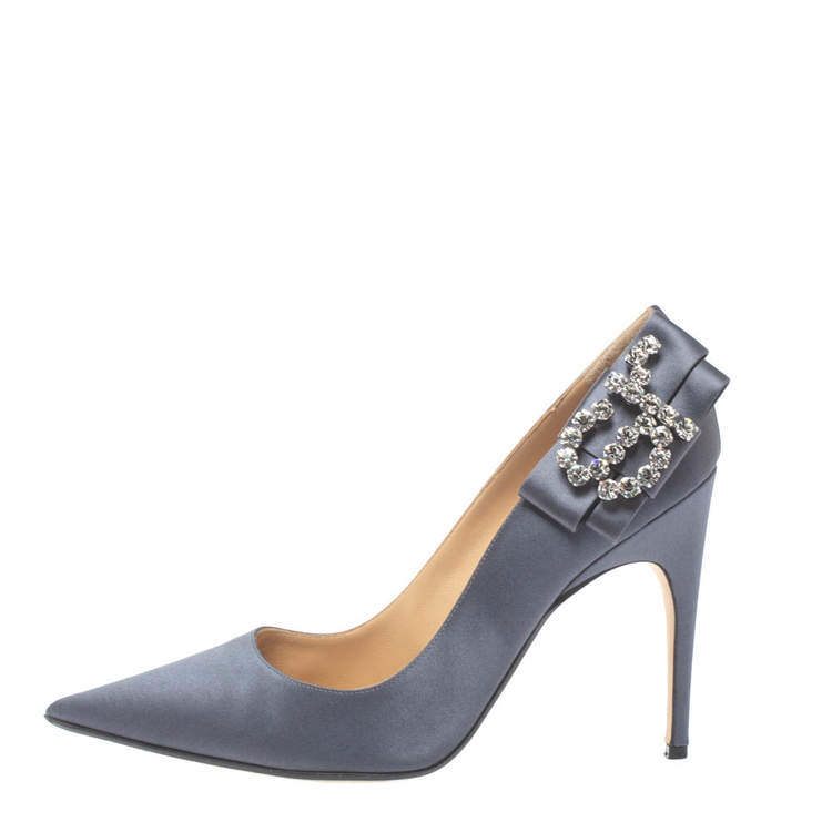 مملوكة مسبقًا Sergio Rossi Grey Satin Icona Embellished Pointed Toe Pumps Size 39