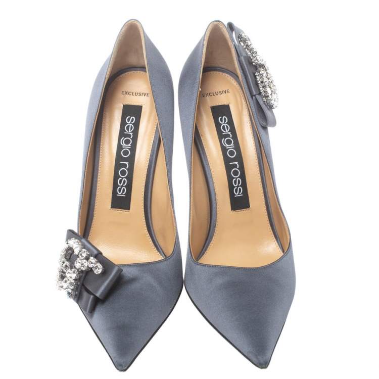 مملوكة مسبقًا Sergio Rossi Grey Satin Icona Embellished Pointed Toe Pumps Size 39