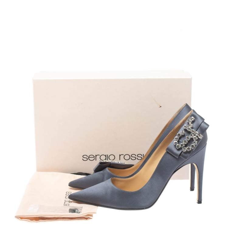 مملوكة مسبقًا Sergio Rossi Grey Satin Icona Embellished Pointed Toe Pumps Size 39