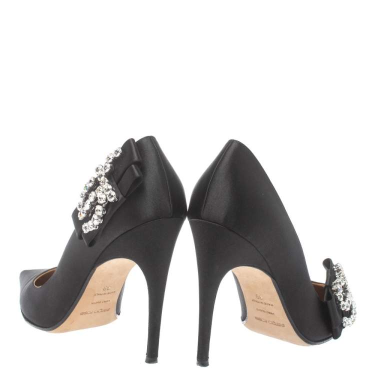 Pre Owned Sergio Rossi Black Satin Icona Embellished Pointed Toe Pumps Size 39