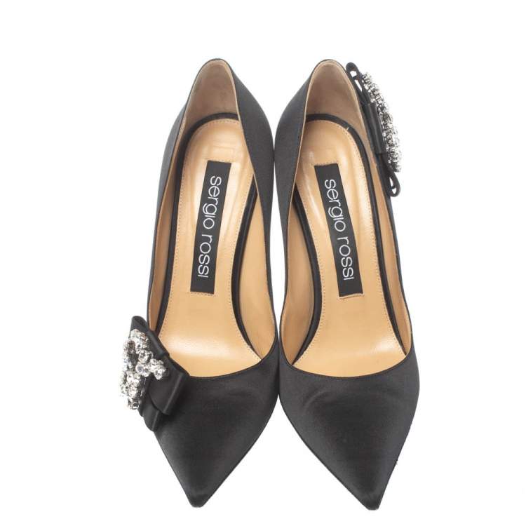 Pre Owned Sergio Rossi Black Satin Icona Embellished Pointed Toe Pumps Size 39