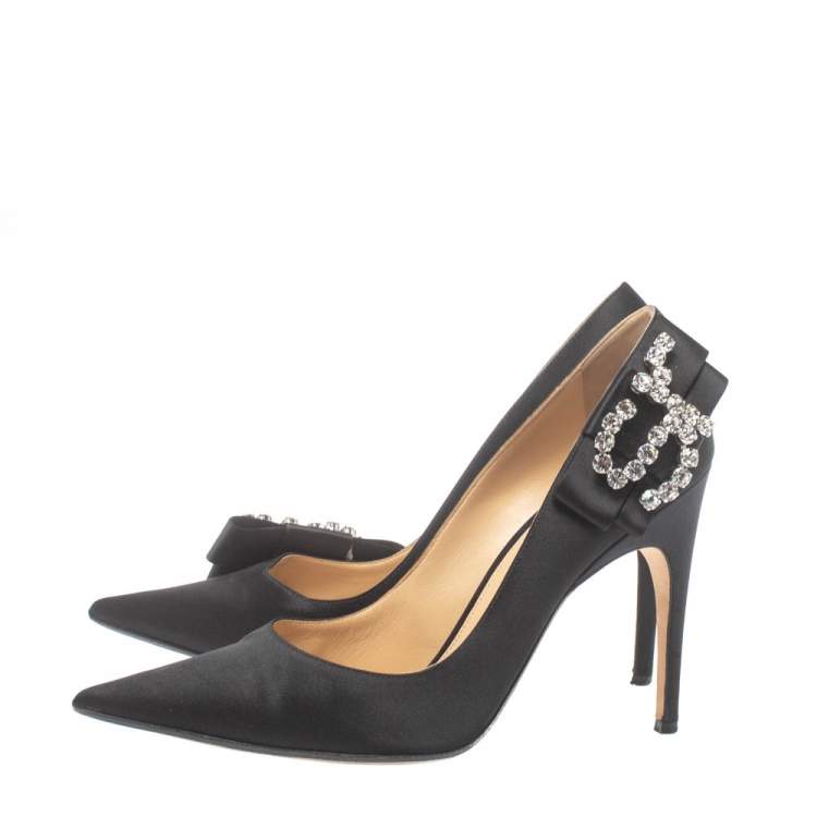 Pre Owned Sergio Rossi Black Satin Icona Embellished Pointed Toe Pumps Size 39