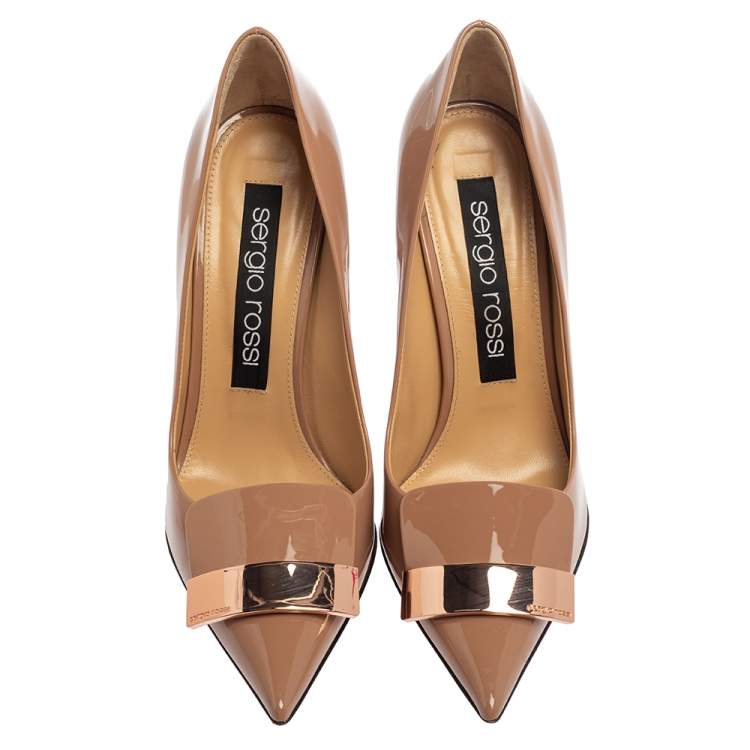 Pre Owned Sergio Rossi Beige Patent Leather SR1 Pointed Toe Pumps Size 39