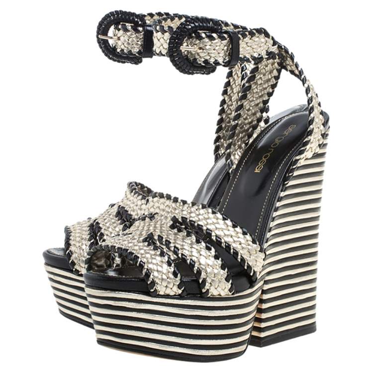 Pre Owned Sergio Rossi Black/Silver Leather Platform Block Heel Sandals Size 36.5