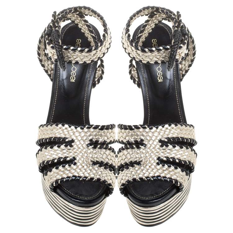 Pre Owned Sergio Rossi Black/Silver Leather Platform Block Heel Sandals Size 36.5