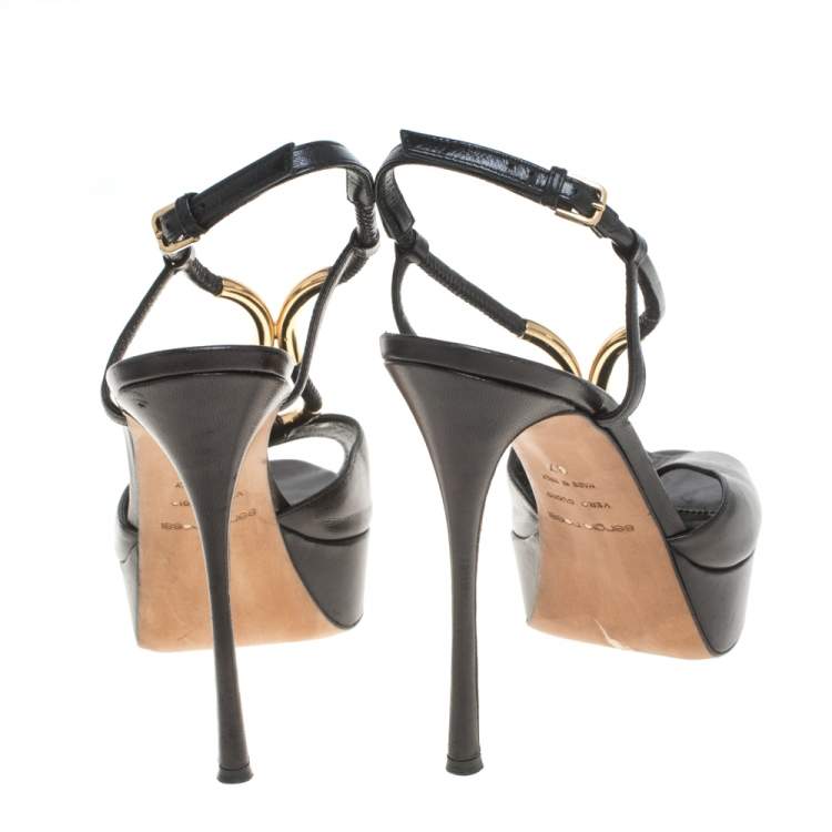 Pre Owned Sergio Rossi Black Leather Ankle Strap Platform Sandals Size 37