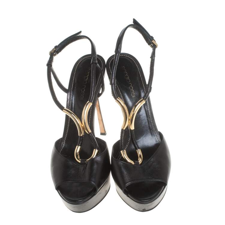 Pre Owned Sergio Rossi Black Leather Ankle Strap Platform Sandals Size 37