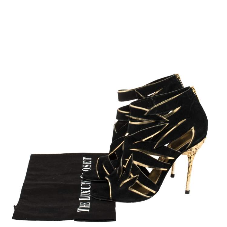 Pre Owned Sergio Rossi Black/Gold Suede Leather Cutout Open Toe Ankle Booties Size 37