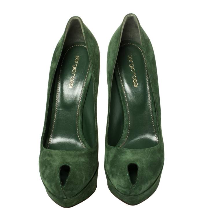 Pre Owned Sergio Rossi Green Suede Peep Toe Platform Pumps Size 39