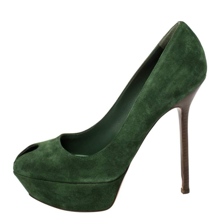 Pre Owned Sergio Rossi Green Suede Peep Toe Platform Pumps Size 39