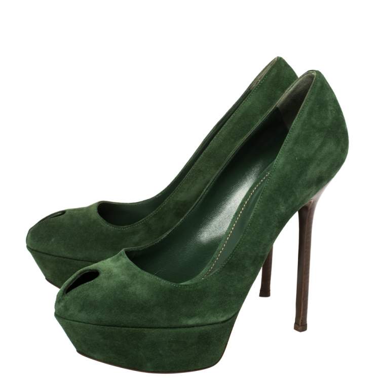 Pre Owned Sergio Rossi Green Suede Peep Toe Platform Pumps Size 39