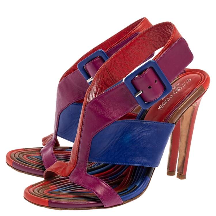 Pre Owned Sergio Rossi Multicolor Leather Buckle Slingback Sandals Size 37.5