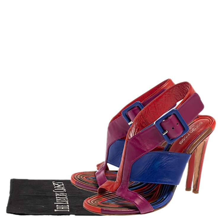 Pre Owned Sergio Rossi Multicolor Leather Buckle Slingback Sandals Size 37.5