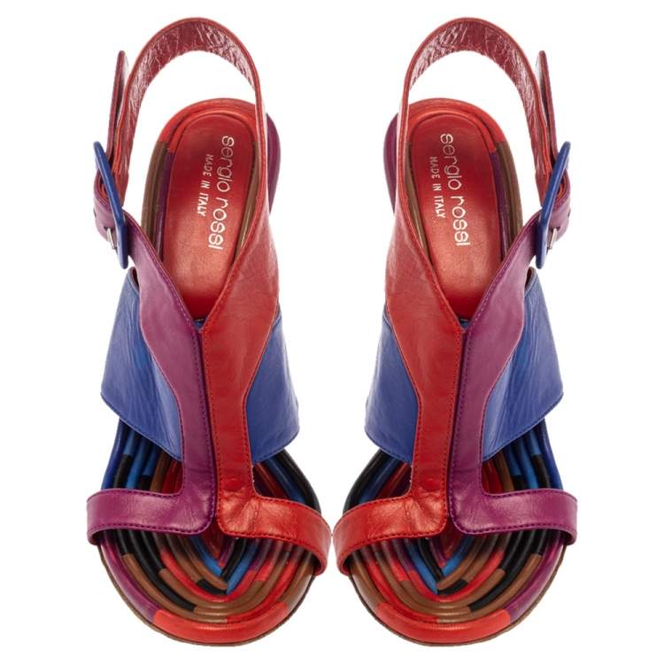 Pre Owned Sergio Rossi Multicolor Leather Buckle Slingback Sandals Size 37.5