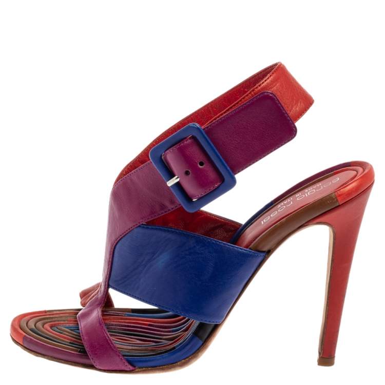 Pre Owned Sergio Rossi Multicolor Leather Buckle Slingback Sandals Size 37.5