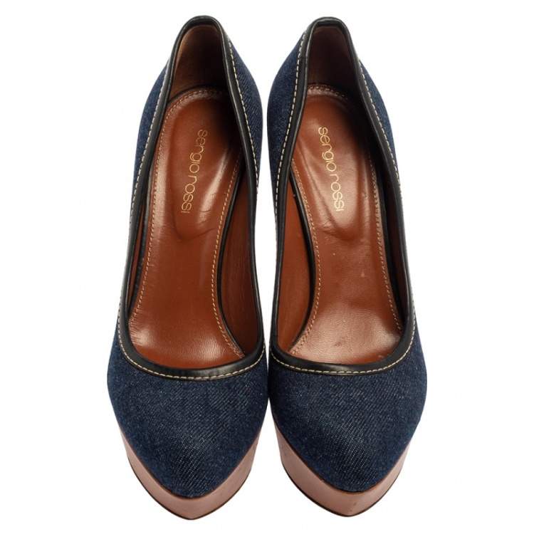 Pre Owned Sergio Rossi Blue Denim And Leather Platform Pumps Size 38.5