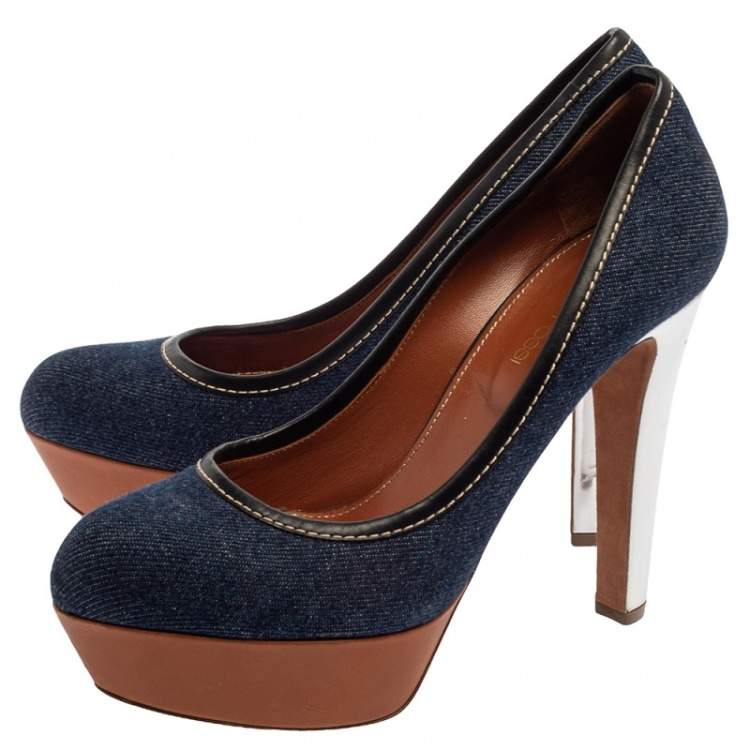 Pre Owned Sergio Rossi Blue Denim And Leather Platform Pumps Size 38.5