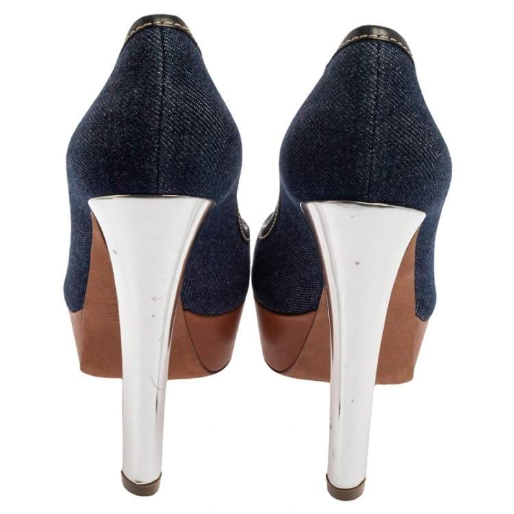 Pre Owned Sergio Rossi Blue Denim And Leather Platform Pumps Size 38.5
