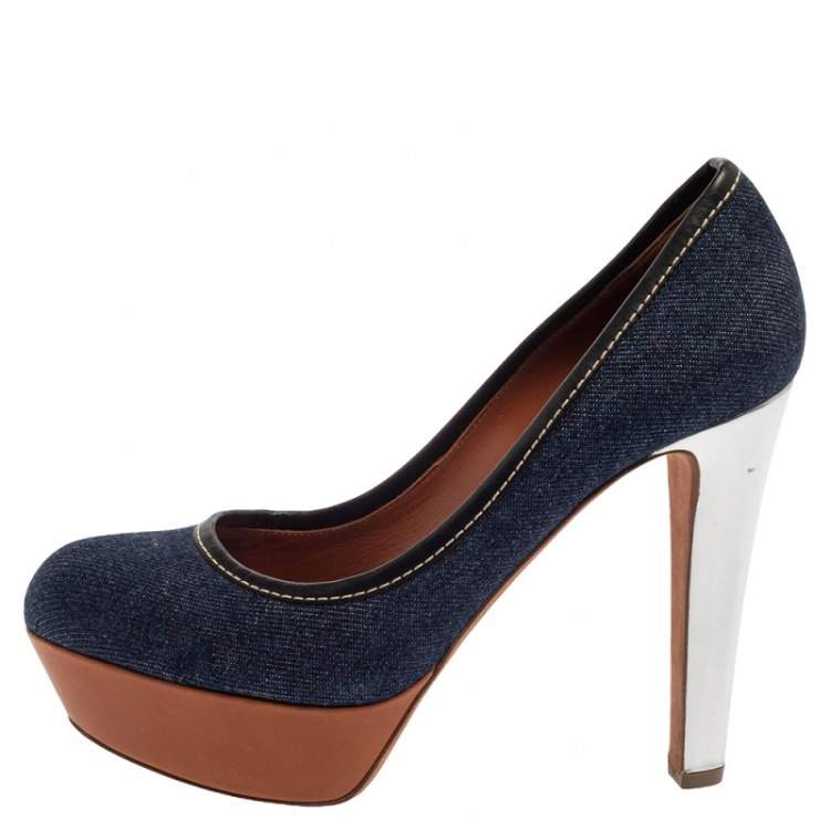 Pre Owned Sergio Rossi Blue Denim And Leather Platform Pumps Size 38.5