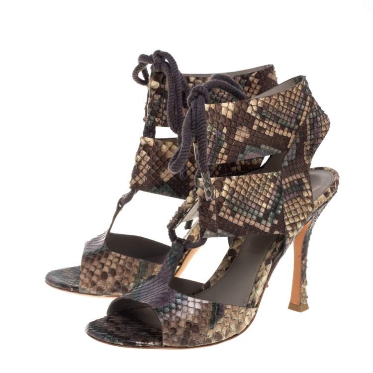 Pre Owned Sergio Rossi Multicolor Python Lace Sandals Size 38.5