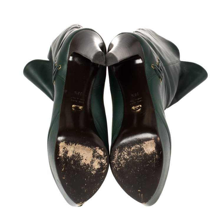 Pre Owned Sergio Rossi Green Leather Mid Calf Platform Boots Size 38.5