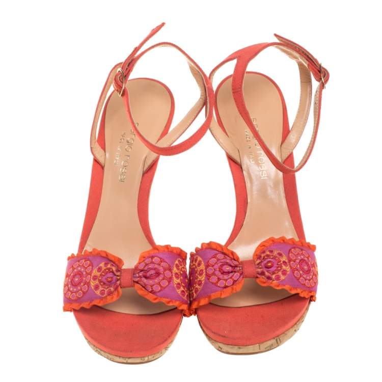 Pre Owned Sergio Rossi Orange Embroidered Strap Sandals Size 37.5