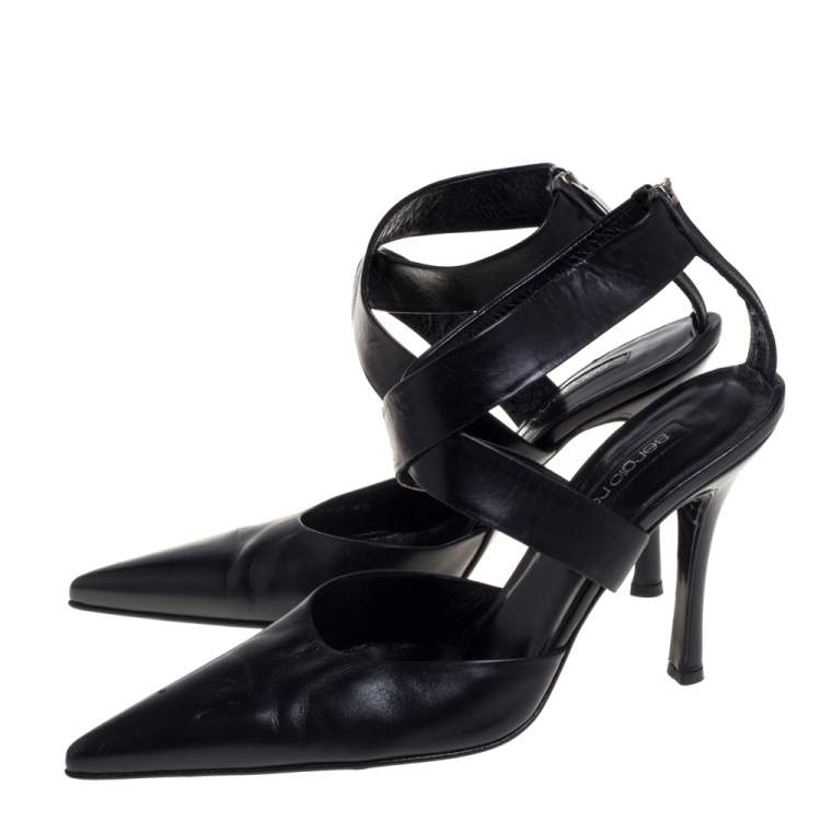 Pre Owned Sergio Rossi Black Leather Cross Strap Pointed Toe Sandals Size 40