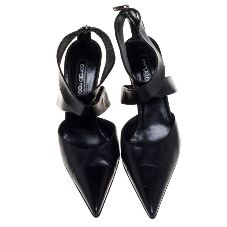Pre Owned Sergio Rossi Black Leather Cross Strap Pointed Toe Sandals Size 40