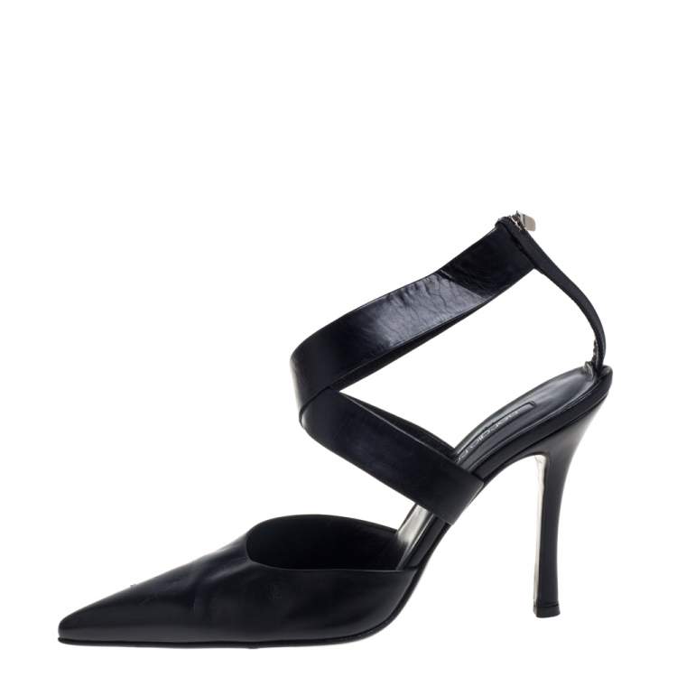 Pre Owned Sergio Rossi Black Leather Cross Strap Pointed Toe Sandals Size 40