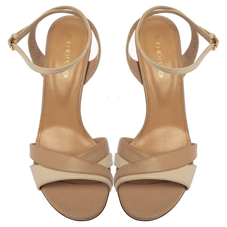 Pre Owned Sergio Rossi  Beige/Cream Leather Ankle Strap Sandals Size 38