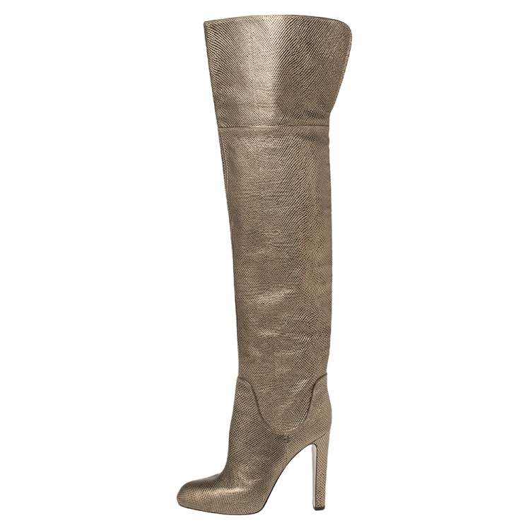 Pre Owned Sergio Rossi Metallic Bronze Lizard Embossed Leather High Boots Size 41