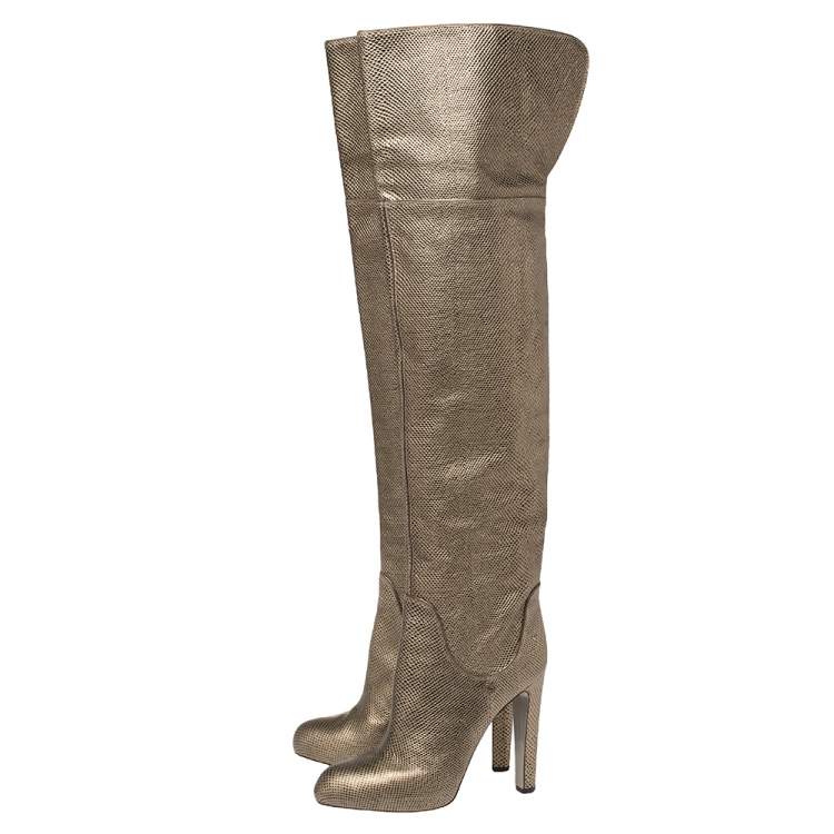 Pre Owned Sergio Rossi Metallic Bronze Lizard Embossed Leather High Boots Size 41