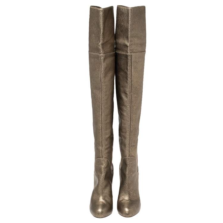 Pre Owned Sergio Rossi Metallic Bronze Lizard Embossed Leather High Boots Size 41