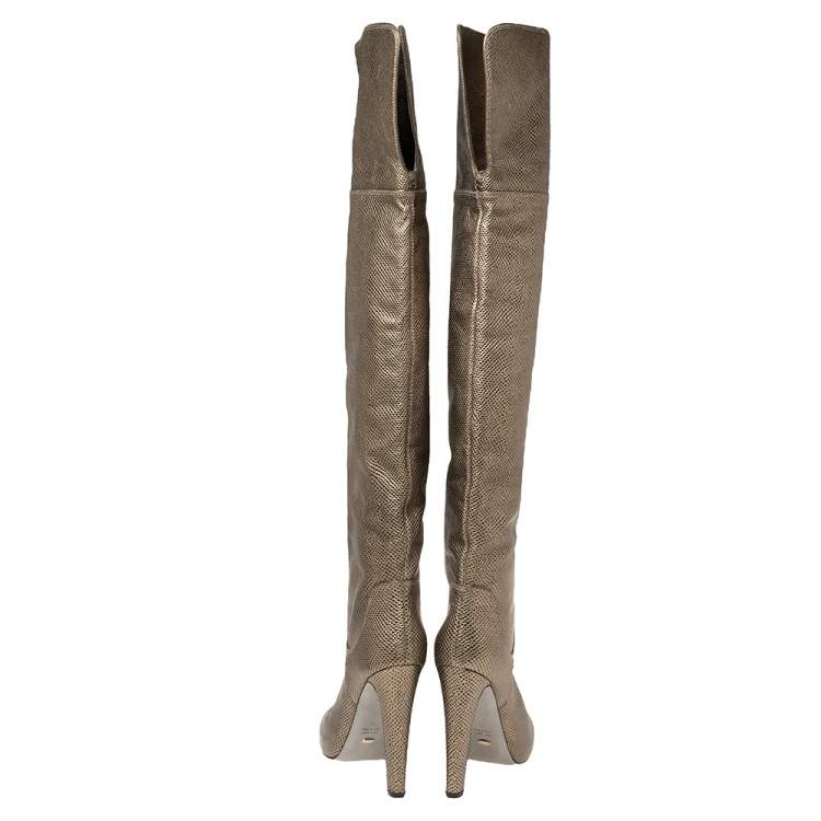 Pre Owned Sergio Rossi Metallic Bronze Lizard Embossed Leather High Boots Size 41