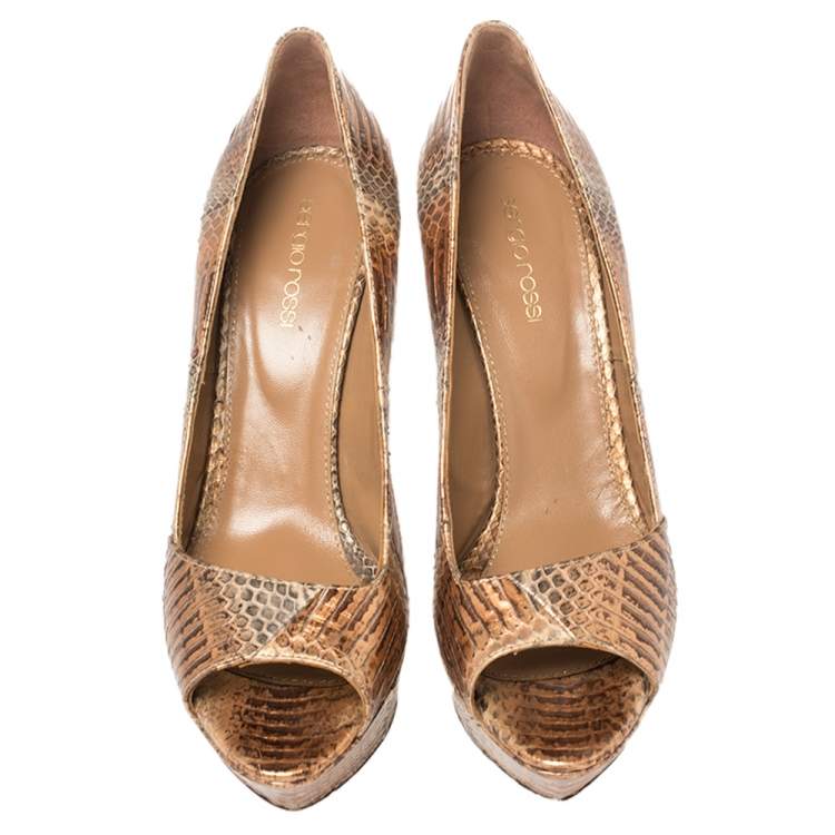 Pre Owned Sergio Rossi Metallic Two Tone Water Snake Leather Platform Pumps Size 39