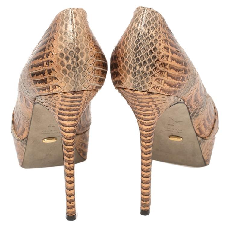 Pre Owned Sergio Rossi Metallic Two Tone Water Snake Leather Platform Pumps Size 39