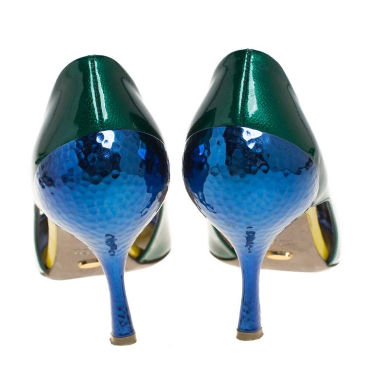 Pre Owned Sergio Rossi Green/Blue Patent Leather Peep Toe Pump Size 37