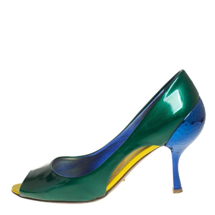 Pre Owned Sergio Rossi Green/Blue Patent Leather Peep Toe Pump Size 37