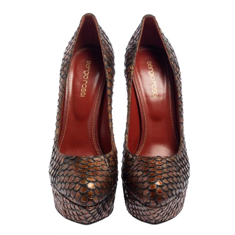 Pre Owned Sergio Rossi Brown Python Leather Platform Pumps Size 38
