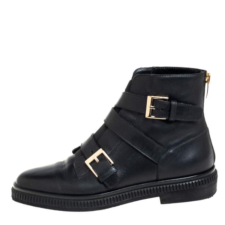 Pre Owned Sergio Rossi Black Leather Seattle Buckle Ankle Boots Size 36