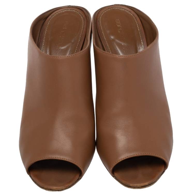 Pre Owned Sergio Rossi Brown Leather Block Heel Peep Toe Slide Sandals Size 40