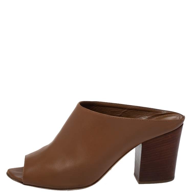 Pre Owned Sergio Rossi Brown Leather Block Heel Peep Toe Slide Sandals Size 40