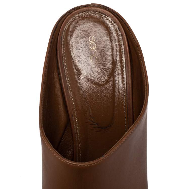 Pre Owned Sergio Rossi Brown Leather Block Heel Peep Toe Slide Sandals Size 40