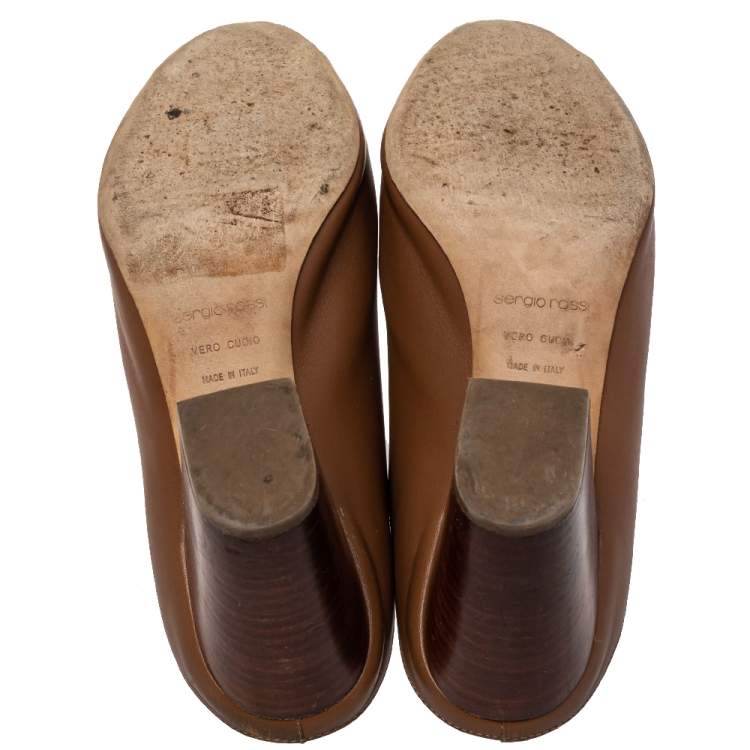 Pre Owned Sergio Rossi Brown Leather Block Heel Peep Toe Slide Sandals Size 40