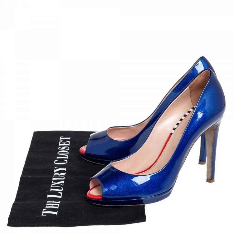 Pre Owned Sergio Rossi Blue Patent Leather Peep Toe Pumps Size 36