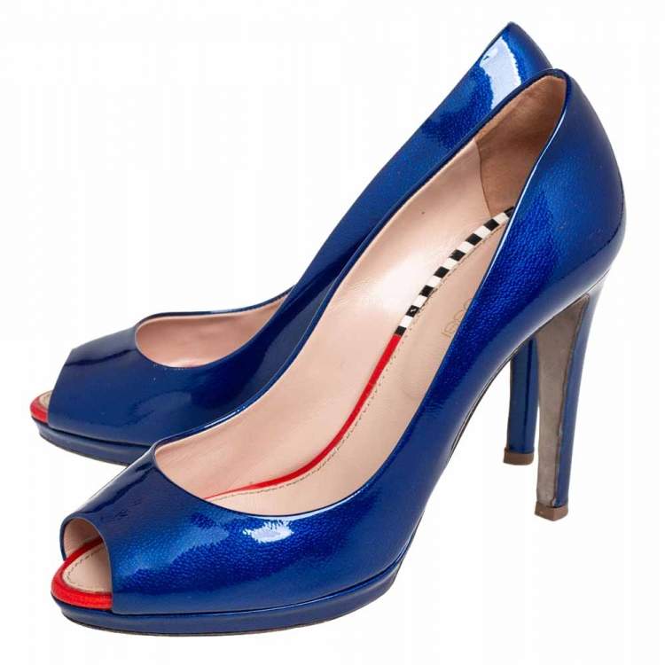 Pre Owned Sergio Rossi Blue Patent Leather Peep Toe Pumps Size 36