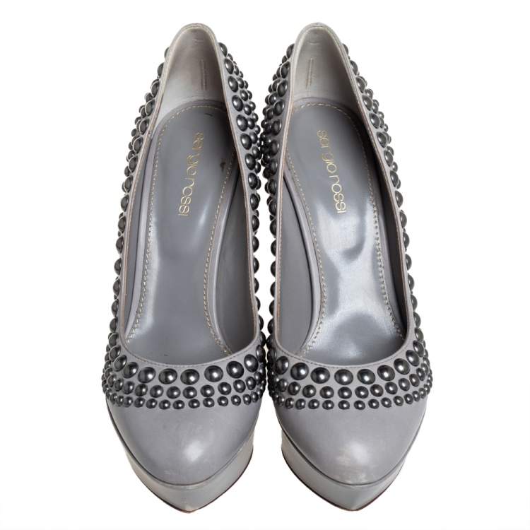 Pre Owned Sergio Rossi Grey Leather Studded Platform Pumps Size 37