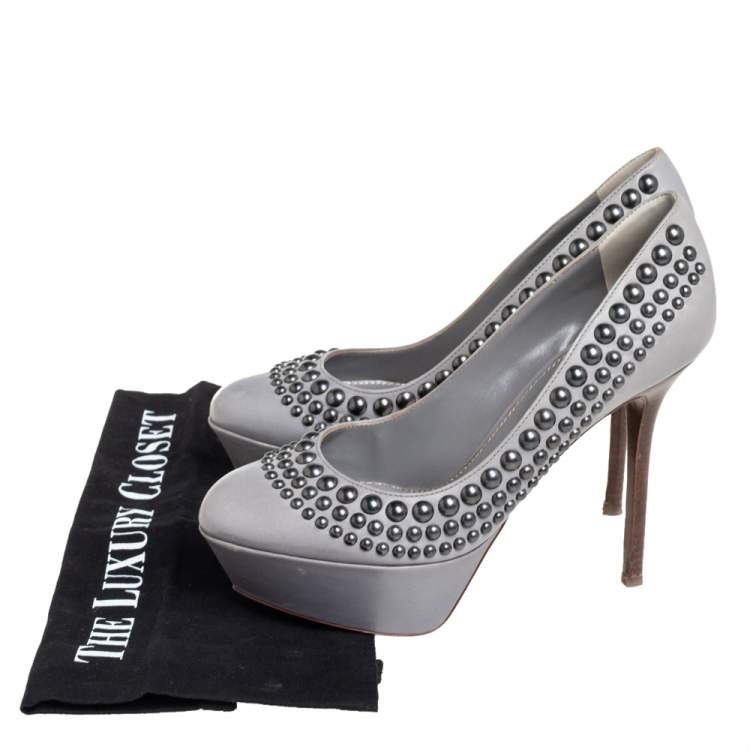 Pre Owned Sergio Rossi Grey Leather Studded Platform Pumps Size 37