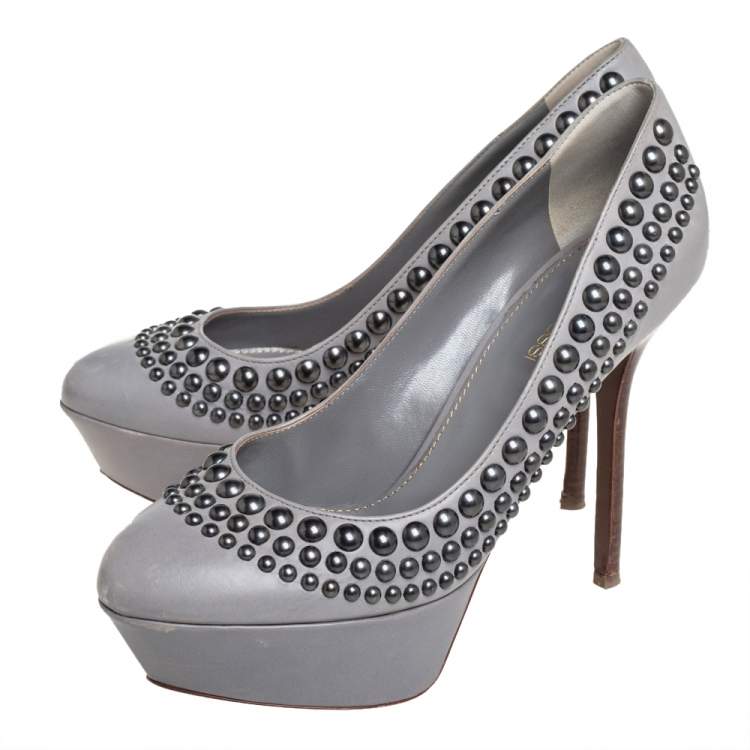 Pre Owned Sergio Rossi Grey Leather Studded Platform Pumps Size 37