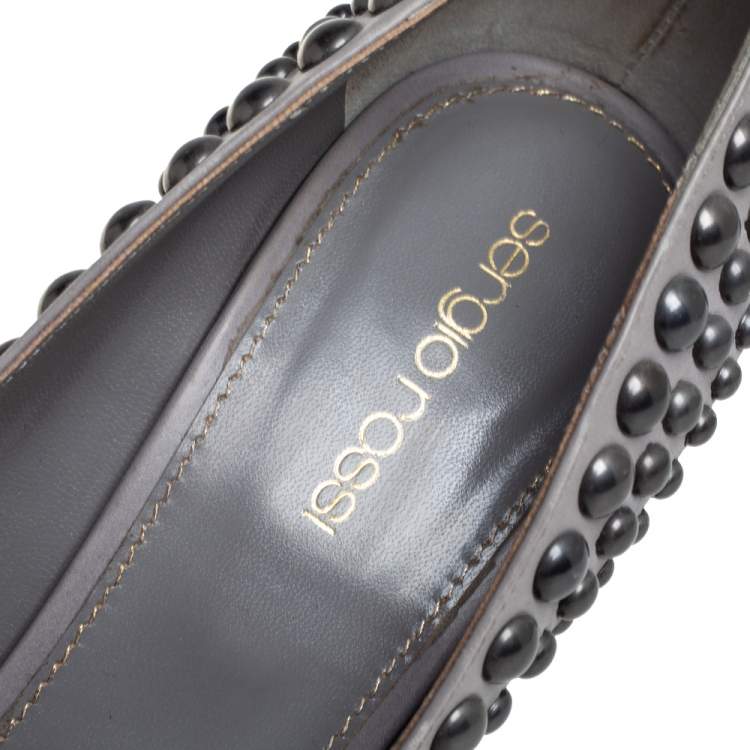 Pre Owned Sergio Rossi Grey Leather Studded Platform Pumps Size 37
